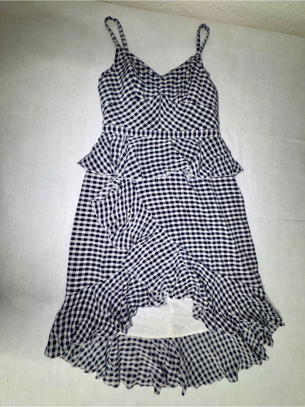 J. Crew silk Navy and White Gingham Ruffle peplum midi Dress